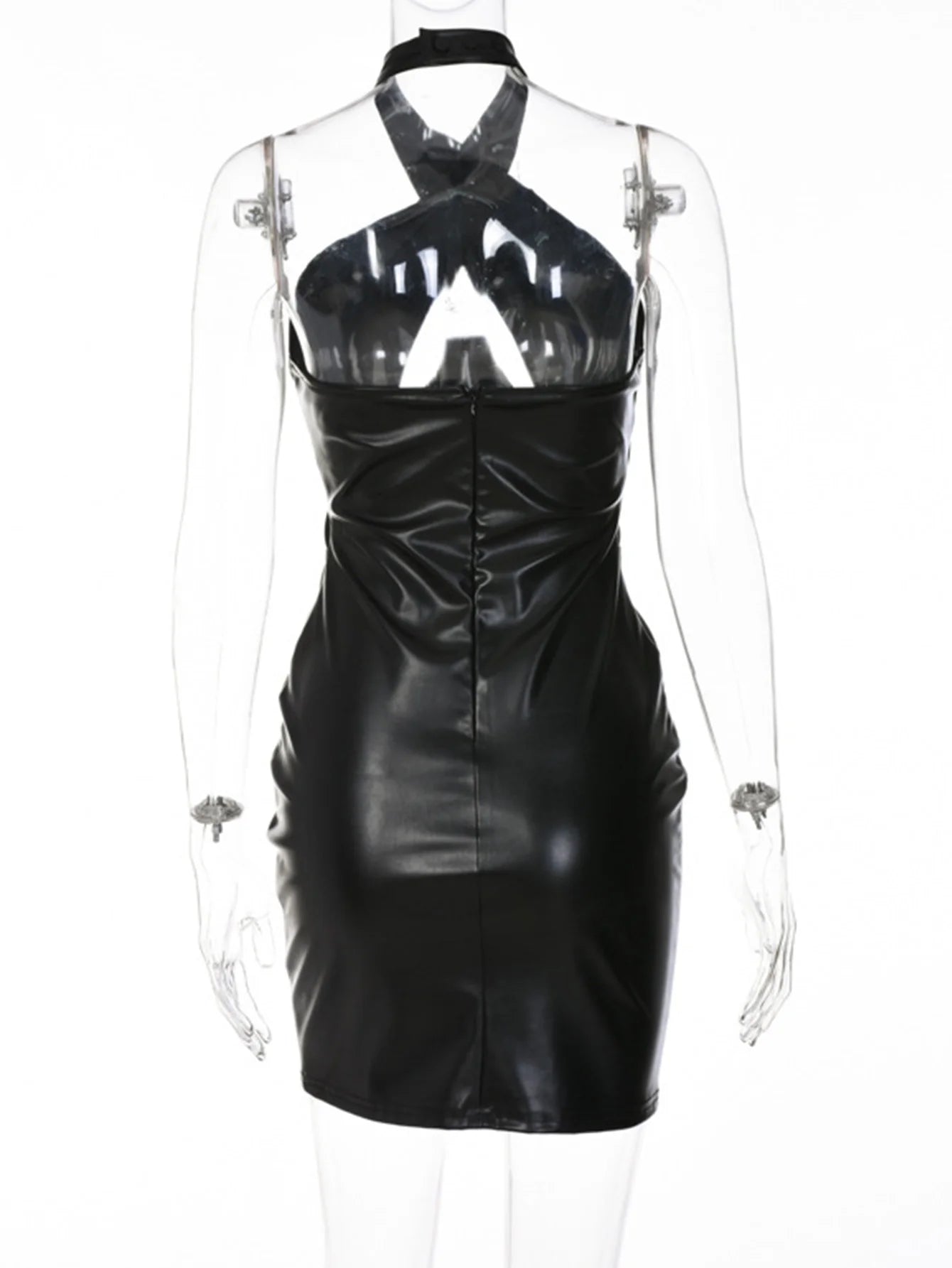 Sexy backless black corset leather summer dress women 2026 halter club birthday party dress woman PU mini bodycon dress vestidos