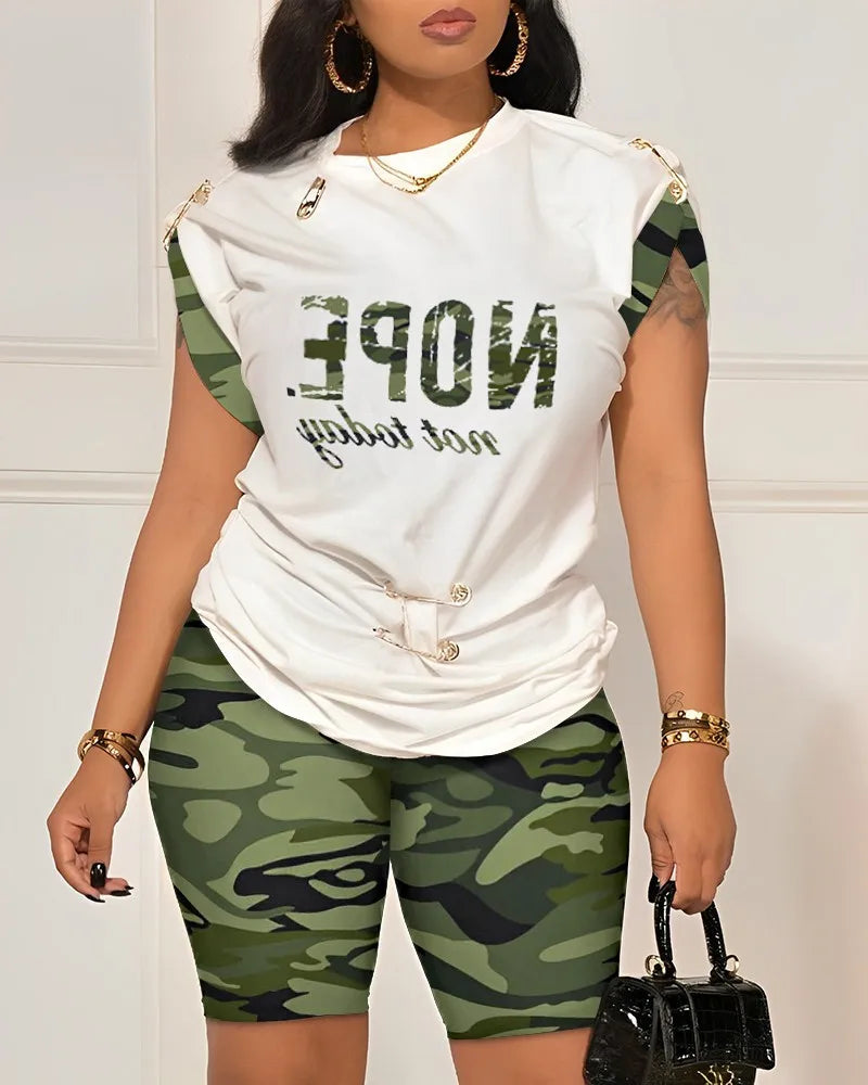 Women Leisure Pin Digital Printing Set O Neck Short Sleeve T-shirt And Shorts 2 Pieces Sets Summer Top + Short Pant 2 PCS Suits
