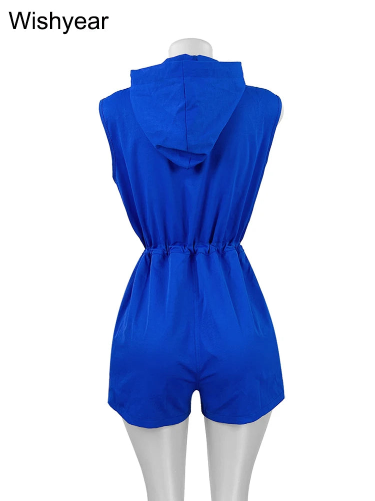 Casual Women's Short Jumpsuits Summer Sleeveless Zipper Front Drawstring Waist Playsuits Pocket One Pieces Romper Streetwear y2k