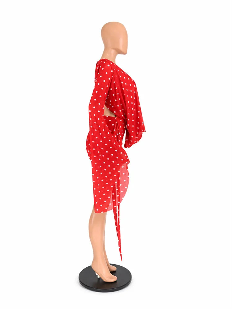 Kliou Sexy Polka Dot Print Mini Dress Woman Swing Collar Backless Batwing Sleeve Tassel Hot Girls Club Party Fashion Bodycon