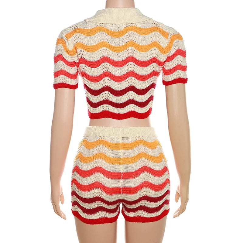 Women Wave Print 2 Piece Set Colorful Knit Stretch Thin Button Crop Tops+Shorts Matching Tracksuit Streetwear Outfits