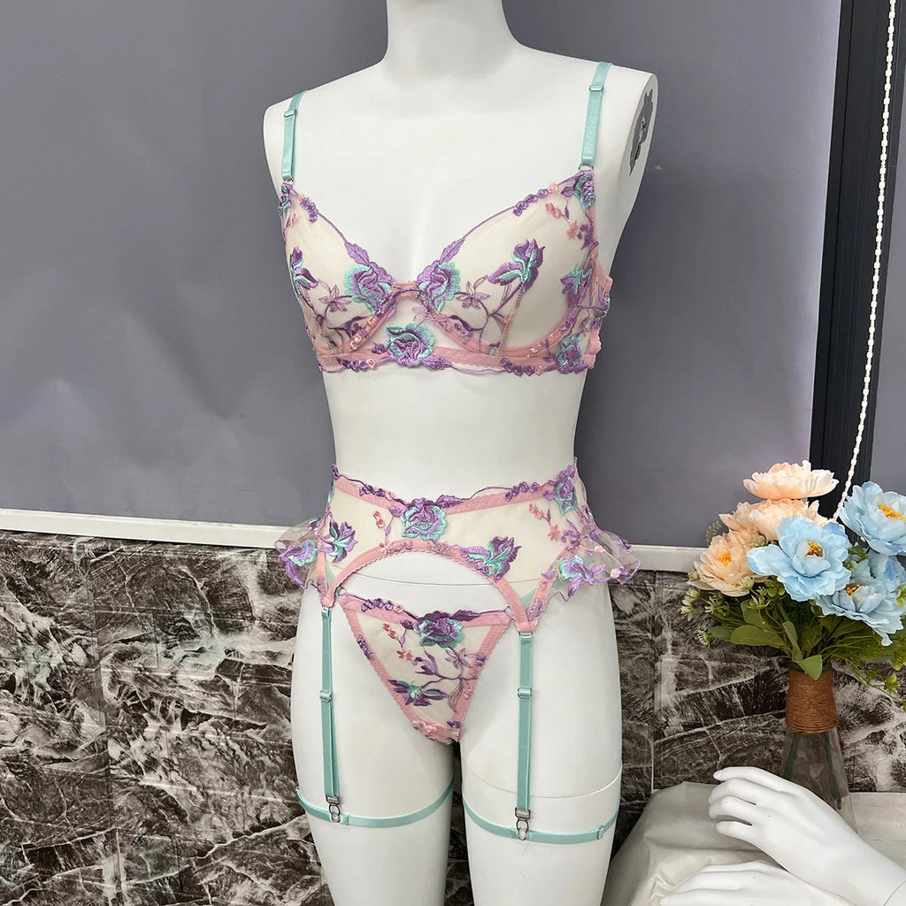 Diccvicc Embroidery Floral Lingerie See Through Sexy Lace Women Underwear Bra Thong Set Fancy Garter Intimate Kit Exotic Outfit