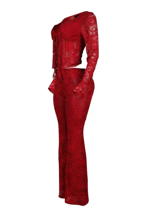 2026 Women's Set Long Sleeve Lace See Through Shirt + Long Pants Street Evening Sexy Two 2Piece Sets Outfits Tracksuit