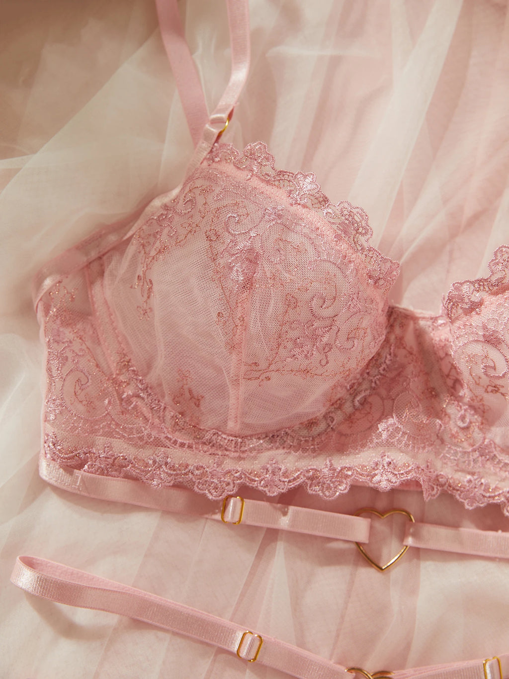 Sexy Lingerie Set Pink Floral Embroidery Lace Sheer Mesh Push Up Bra Thin Bra Panty Matching Underwear Sets Valentine's Gift