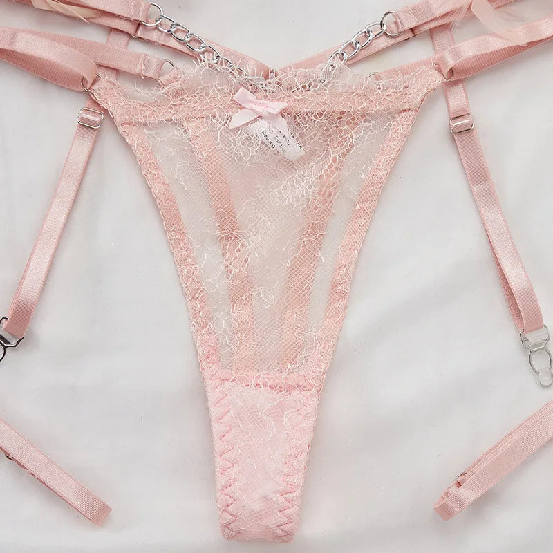 Sexy Lace Lingerie Set with Feather Women's Chain Perspective Underwear Garters Exotic Apparel Suit Female Solid Transparent Bra