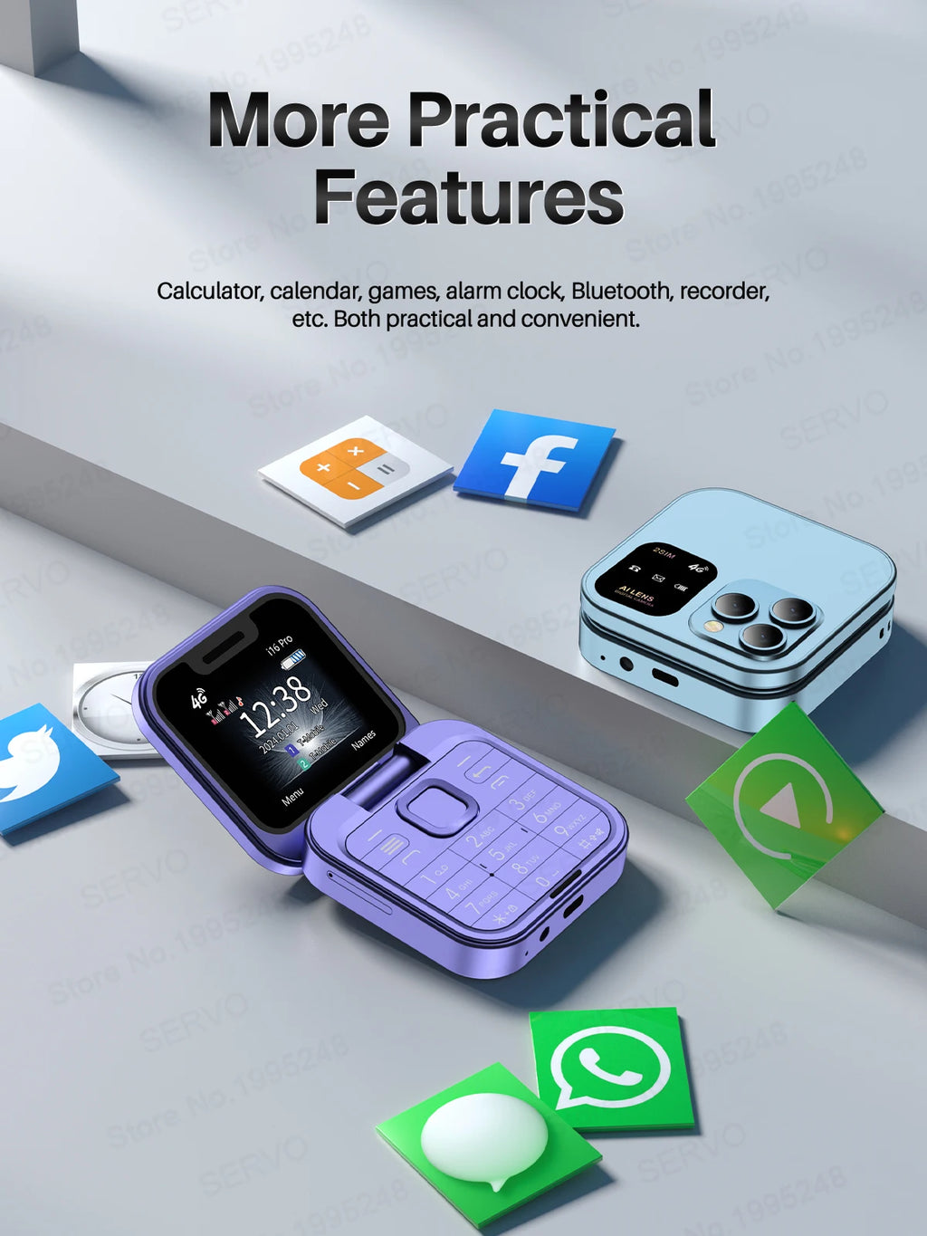 SERVO i16 Pro 4G LTE Mini Flip Mobile Phone Dual SIM Standby Call Recording Speed Dial FM Radio Blacklist Small Fold Cellphones