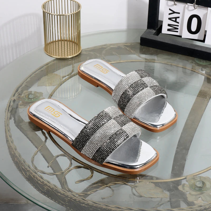 luxurious slippers 2025 rhinestone square toe fashion wear sandals  elegant flat bottom women's slippers black ladies shoes