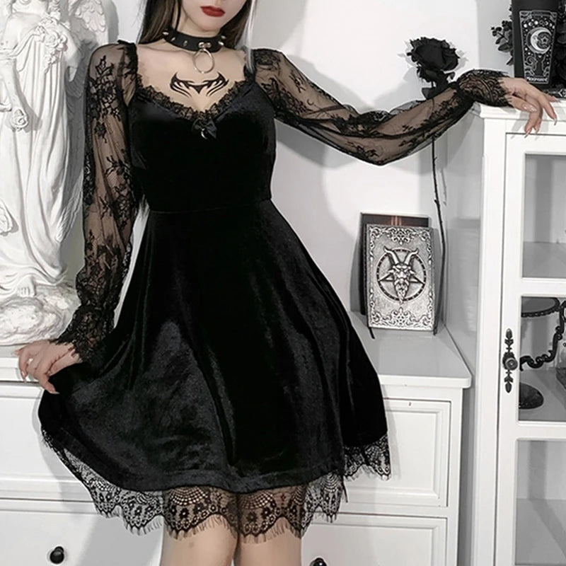 Women's Dress Gothic Style Female Dress Solid Color Lace Stitching V-Neck Long Flare Sleeve Party Clubwear For Ladies Y2k