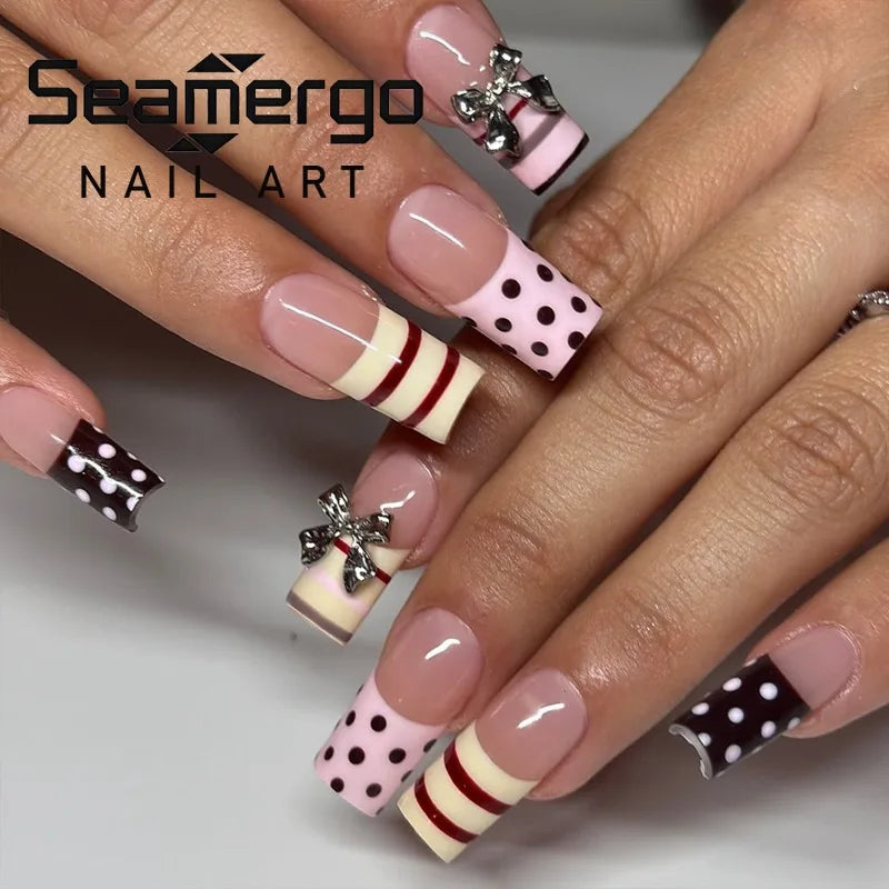 24PCS Y2k Yellow French Press on Nails Pink Stripes Medium Coffin 3D Bowknot Fake Nails Sweet Polka Dot Square Wearable Nail Tip
