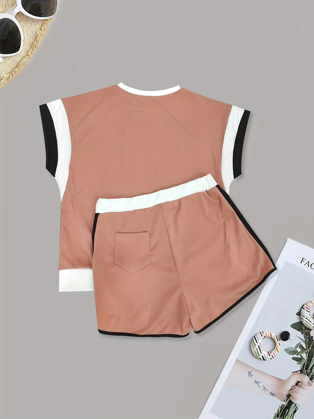 New Patchwork Casual Sporty 2 Piece Sets Women 2025 Summer Trend O-Neck Short Sleeve Tops And Shorts Matching Fitness Tracksuits