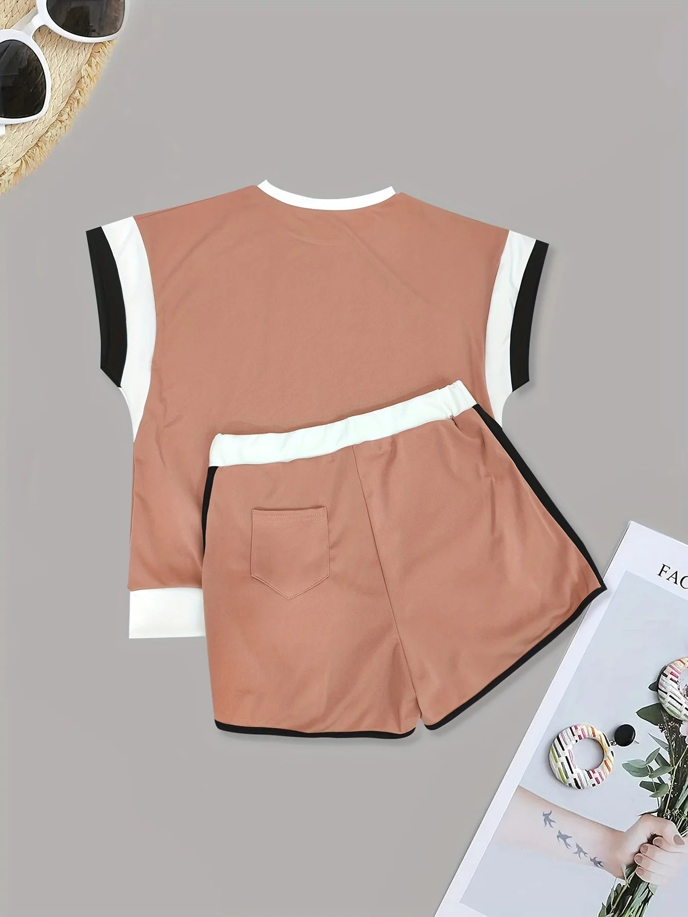 New Patchwork Casual Sporty 2 Piece Sets Women 2025 Summer Trend O-Neck Short Sleeve Tops And Shorts Matching Fitness Tracksuits