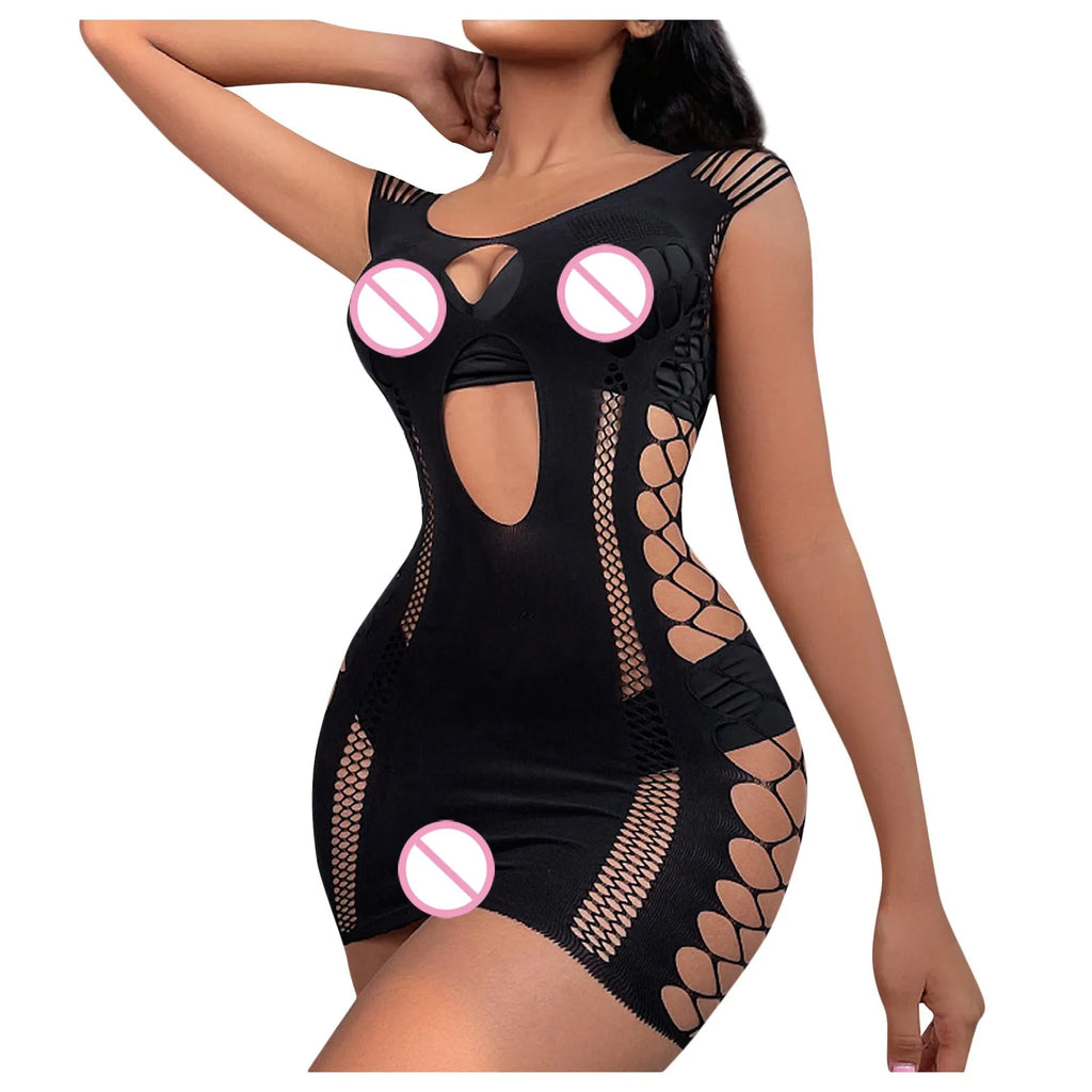 Night Club Wear High Elasticity Fishnet Dress Fashion Adult Sexy Clothing Erotic Short Dress Sex Games Toy Black Tight Skirt