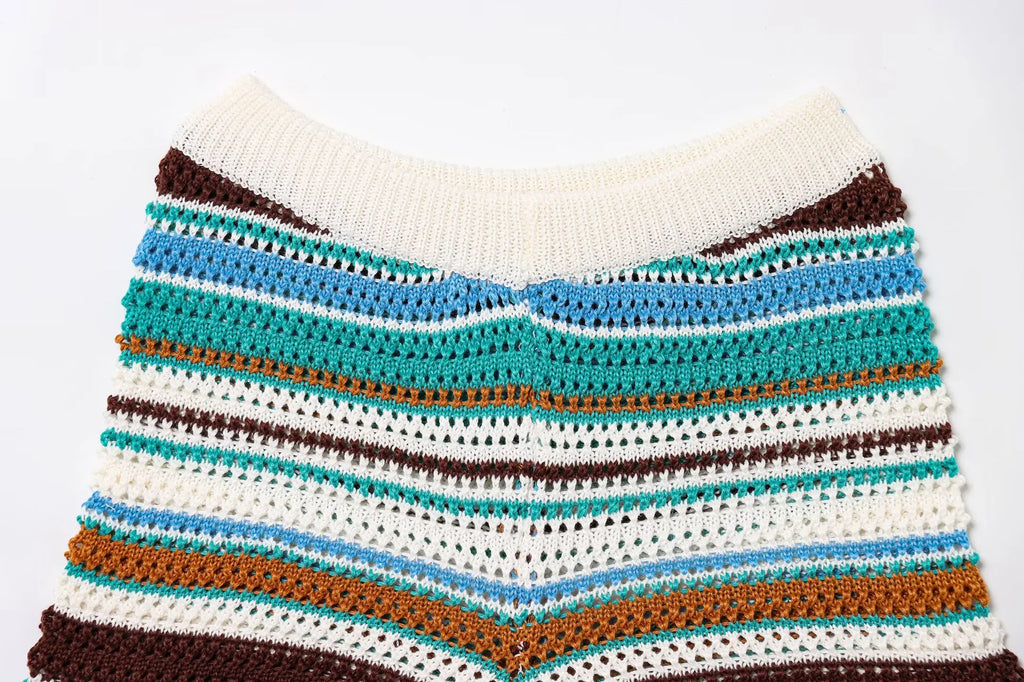 Women Patchwork Striped Hollow Out Crochet Knitted Crop Sweater Shorts Set Short Sleeve Polo Collar Sweater Knit Shorts Suit Y2K