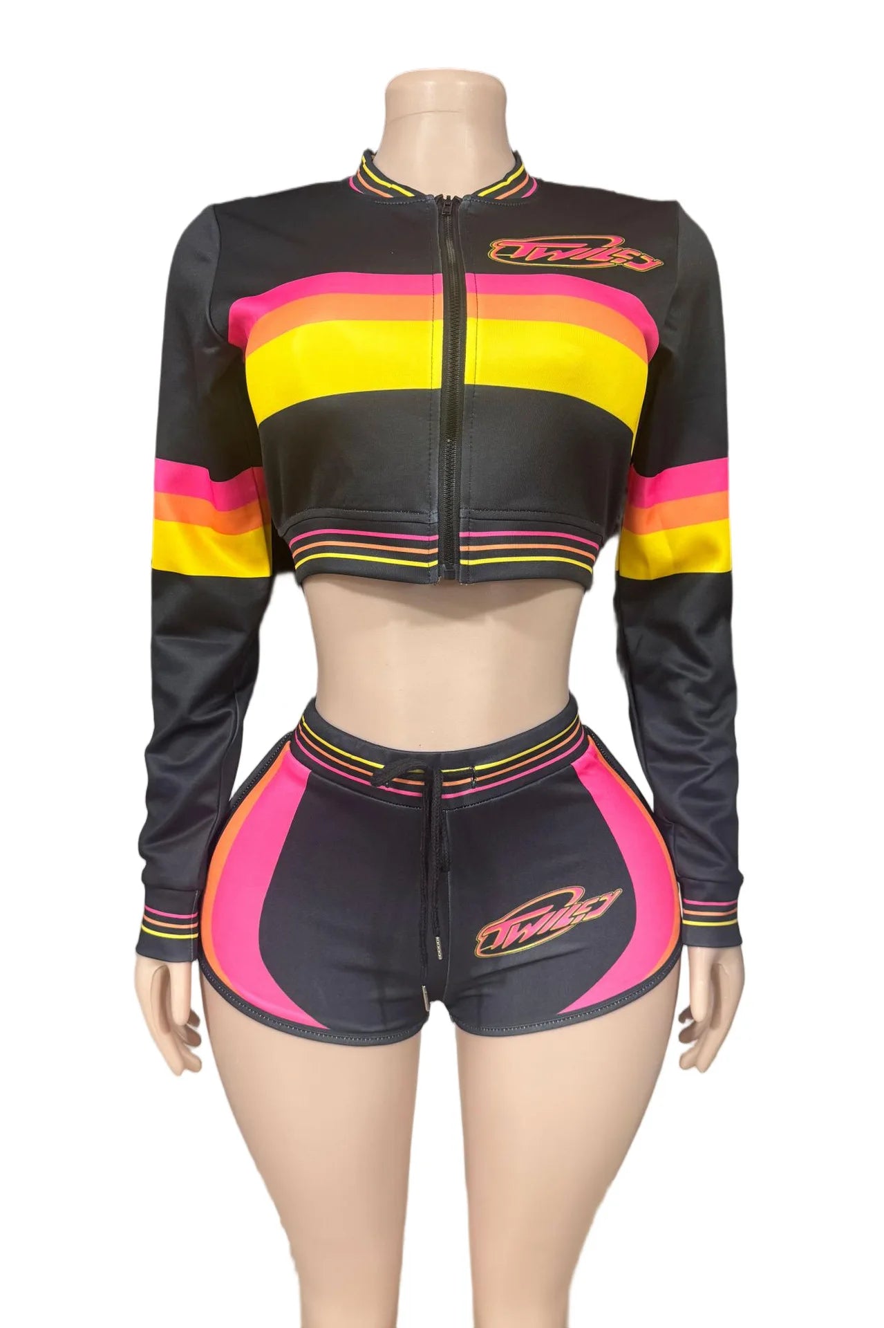 HLJ&GG Fashion Trend Y2K Striped Patchwork Two Piece Sets Women Zip Long Sleeve Crop Top + Shorts Outfits Female 2pcs Streetwear