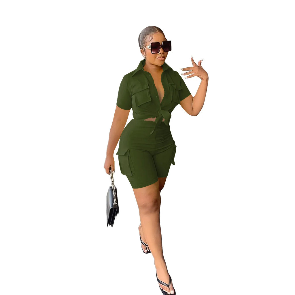 Women Shorts Two Piece Set Turn Down Collar Shirt Button Lace Up High Waist Short Sets Pockets Elegant Lady Streetwear Suit