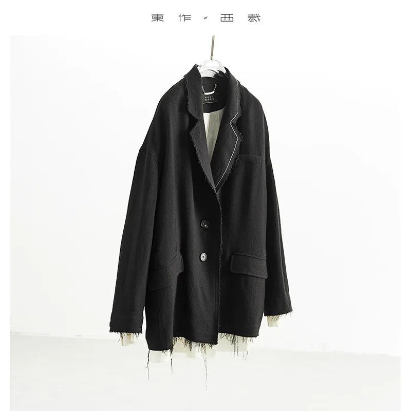Custom Fabric Designer Style~Mysterious Black Blazer, Faux Two-Piece Fringed Oversized Jacket, Women's Casual Loose Top, New Spring 2026 Collection