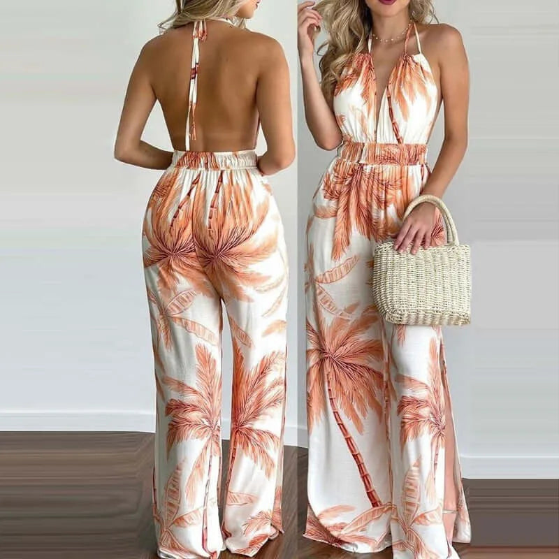 Elegant Two Piece Outfits For Women 2025 Sexy V-Neck Strap Backless Lace-up Slim Crop Top & Wide Leg Pants Sets Summer Lady Suit