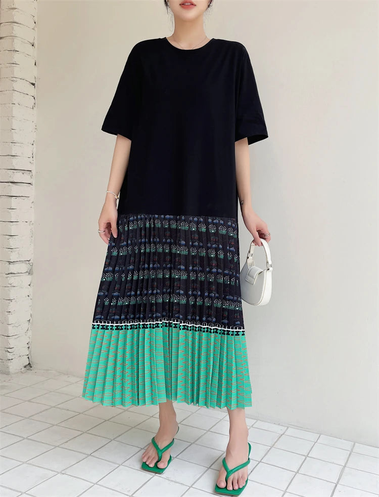 NYFS 2026 Summer New Korean Woman Dress Vestidos Robe Elbise Loose Plus Size Short Sleeve Patchwork Two Fake Pieces Long Dresses