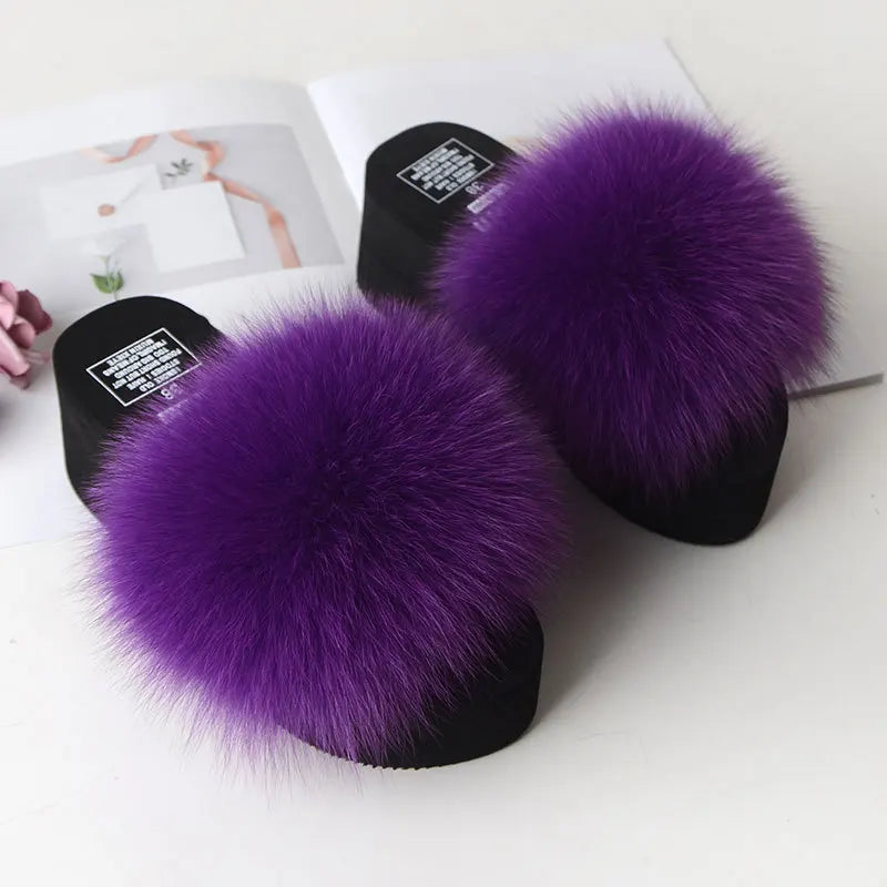 Women Fox Fur Slippers Woman Fashion Sandals Girls Casual Fur Slides 7cm Thick Sole Summer Platform Shoes Modern Slippers Wedges