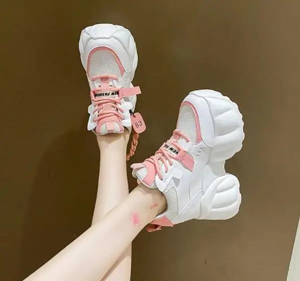 NEW Breathable Mesh 10CM Chunky Sneakers for Women Non Slip High Platform Sports Dad Shoes Woman Lace Up Thick Sole Casual Shoes