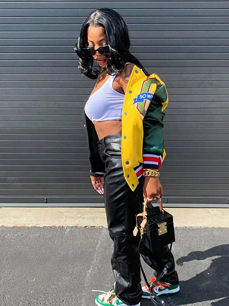 Women Patchwork Contrast Color Letter Embroidery Jackets 2025 Fashion Single Breasted Coat Female Full Sleeve Streetwear XS-4XL