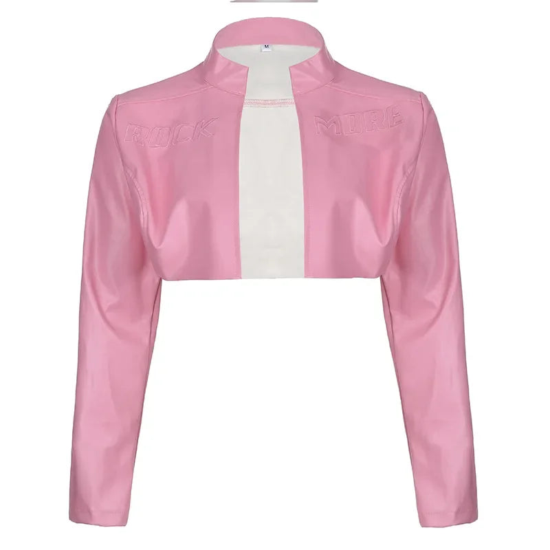 FAGADOER Y2k Punk Gothic Leather Jacket Women Cropped Lapel Letter Embroidery Moto Jackets Coat Short Female Streetwear 2025 New