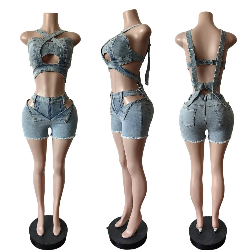 Sexy Jean Women Short Sets Straps Denim Crop Top and Cut Out Shorts Set 2025 Summer Clothes Streetwear Two 2 Piece Club Outfits