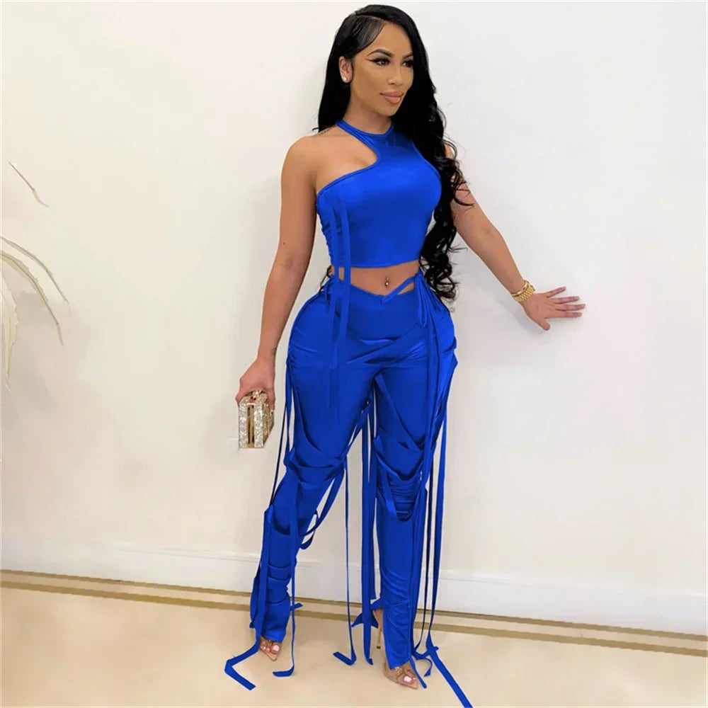 Sexy PU Faux Leather Two Piece Set for Women Matching Sets Y2K Party Club Crop Top and Ribbons Pants 2 Piece Sets Women Outfit