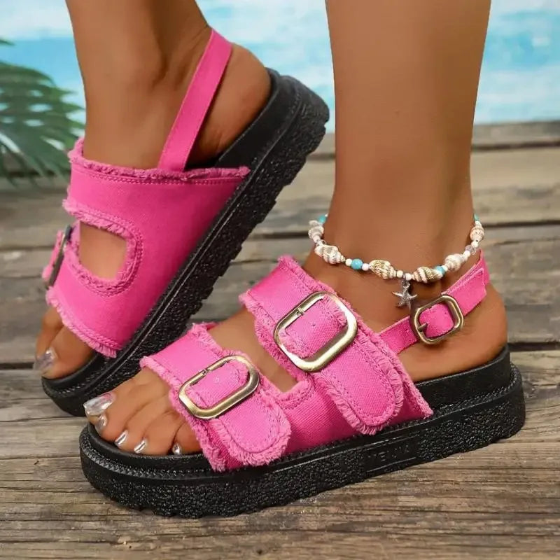 Women Sandals Classic Denim Canvas Sandals Fashion Metal Belt Buckle Design Sandals Summer Open-toe Beach Sandal Sandalias Mujer