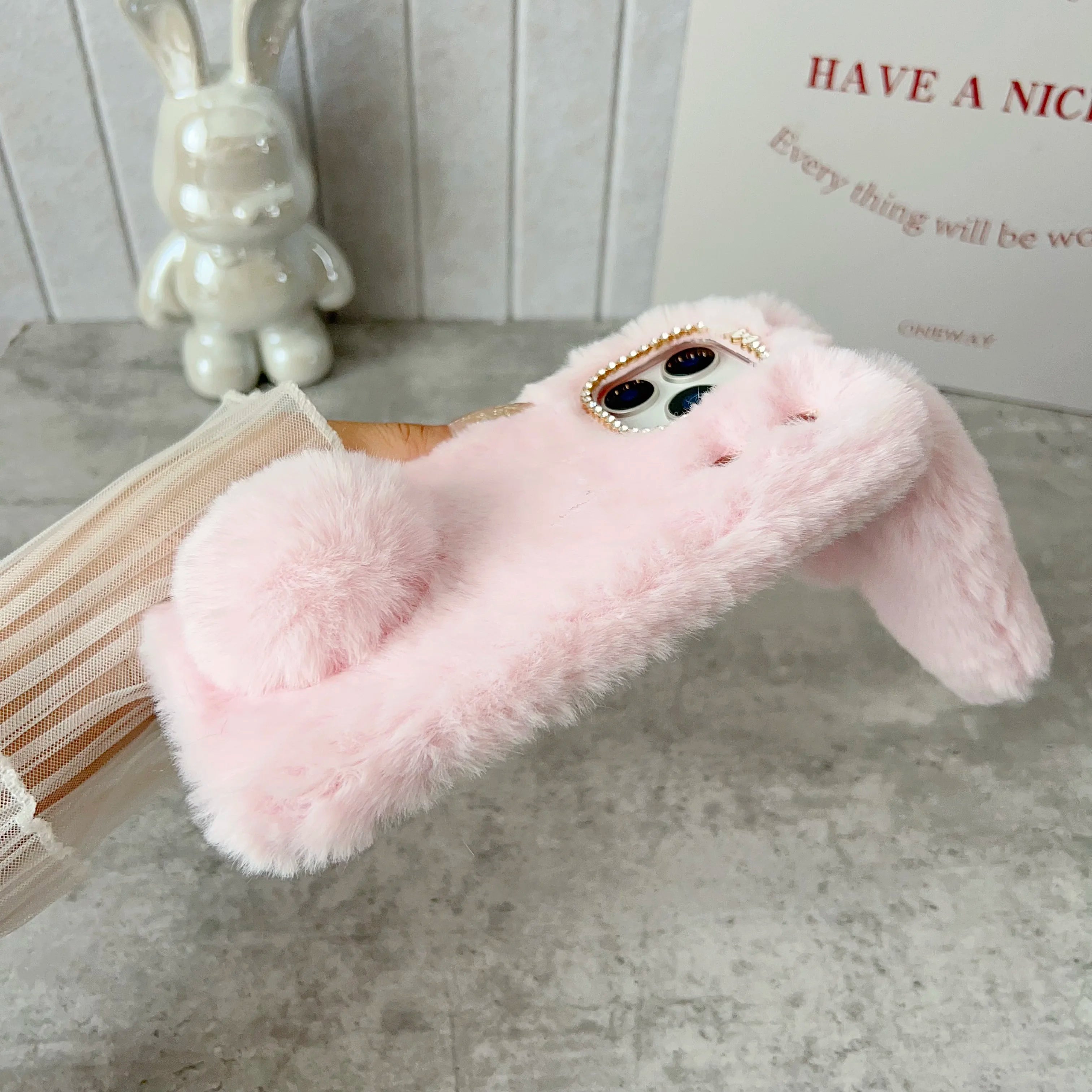 3D Cute Rabbit Ears Fur Plush Phone Case For iPhone 17 Pro Max 16 15 14 13 12 11Pro max Plus mini 17Air Furry Bunny Warm Cover