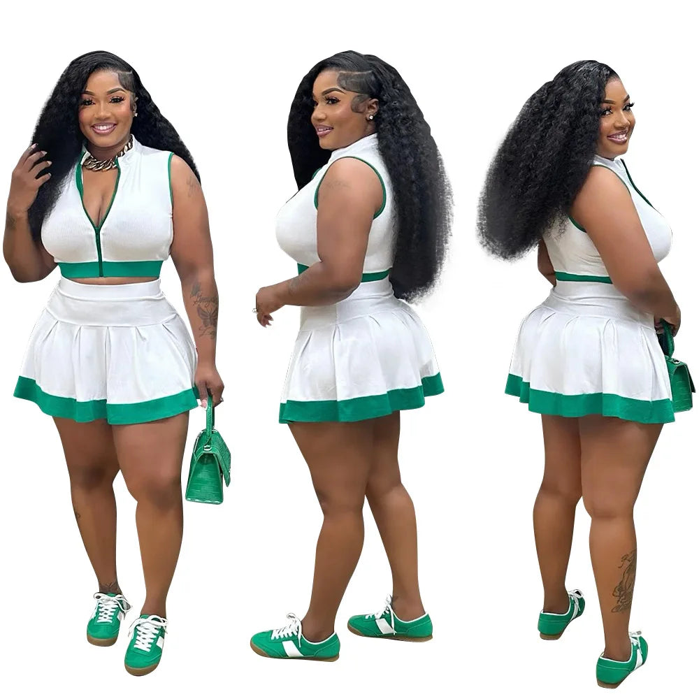 Women Two Piece Sets Shorts Skirt Set Zipper Sleeveless Sexy Tops Short Skirts A Line High Waist Y2k Streetwear Elegant Work