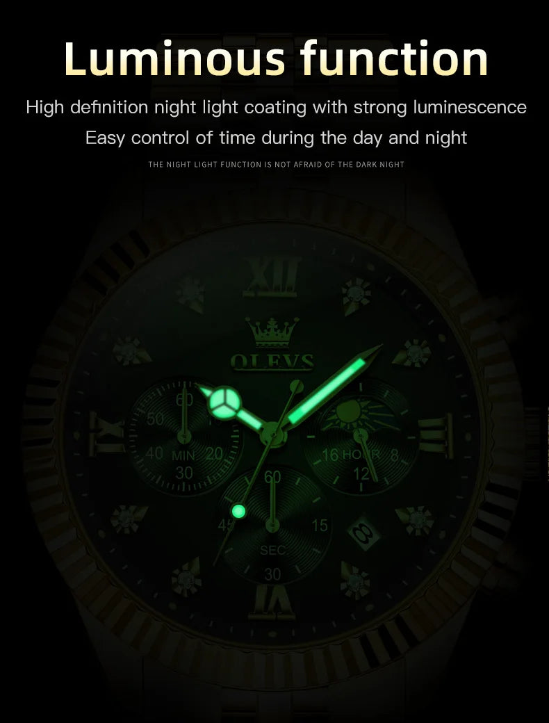 OLEVS Brand Luxury Gold Black Quartz Watch for Men Stainless Steel Waterproof Luminous Date Week Fashion Men Watches Reloj Hombr