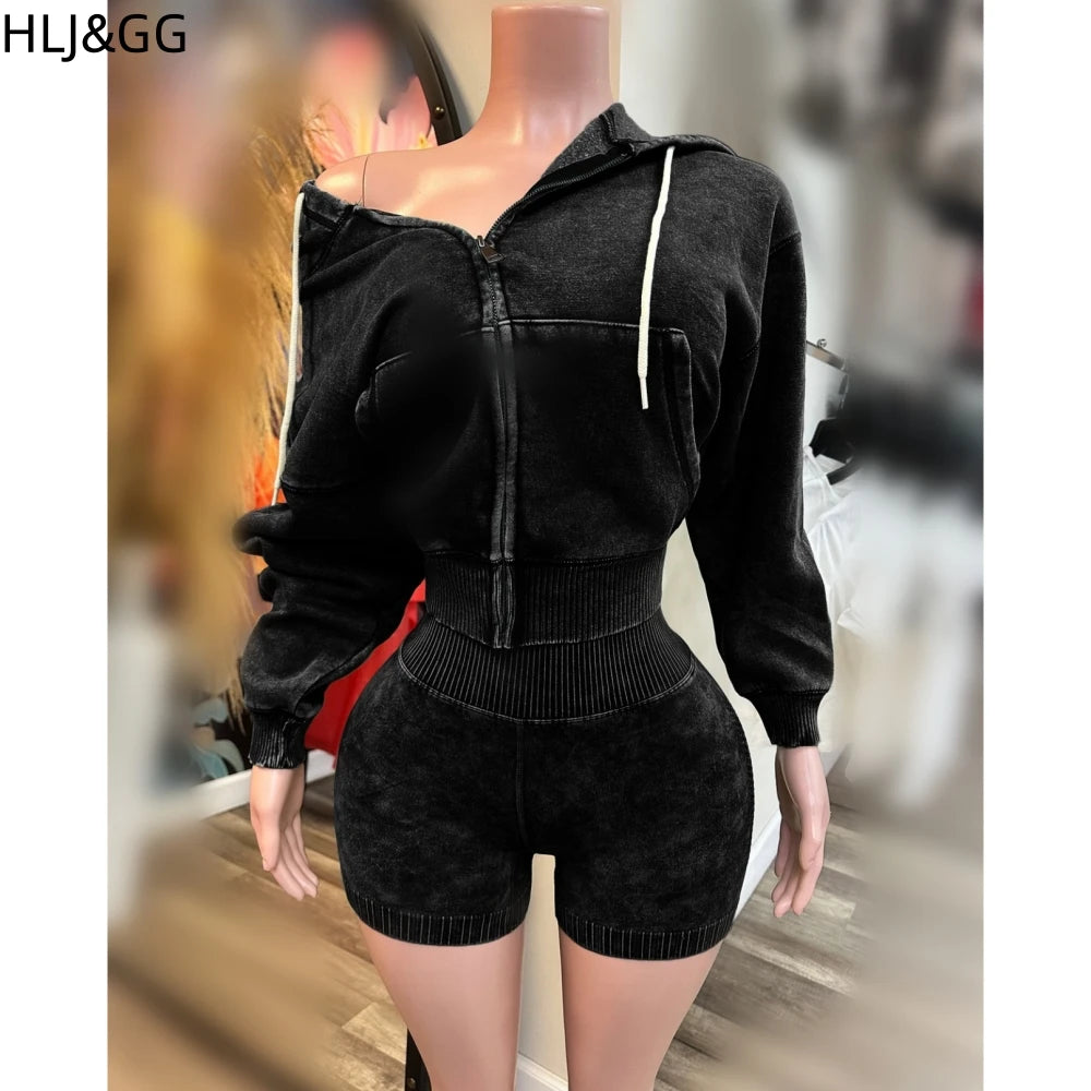 HLJ&GG High Quality Washed Casual Zip Hooded Two Piece Sets Women Long Sleeve Top+Biker Shorts Outfits Fashion Sporty Streetwear