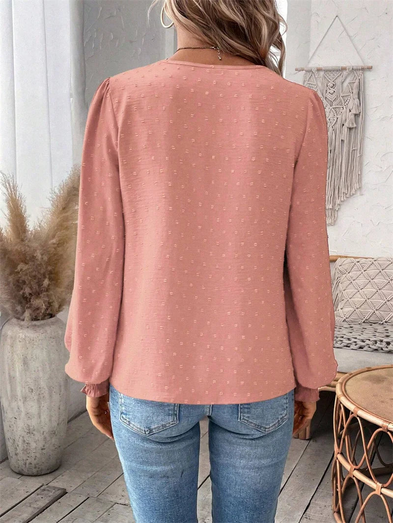 Elegant Hollow Out Lace Decoration Shirt Women Deep V Neck Pullover Blouse Female Solid Color Jacquard Lantern Long Sleeve Tops