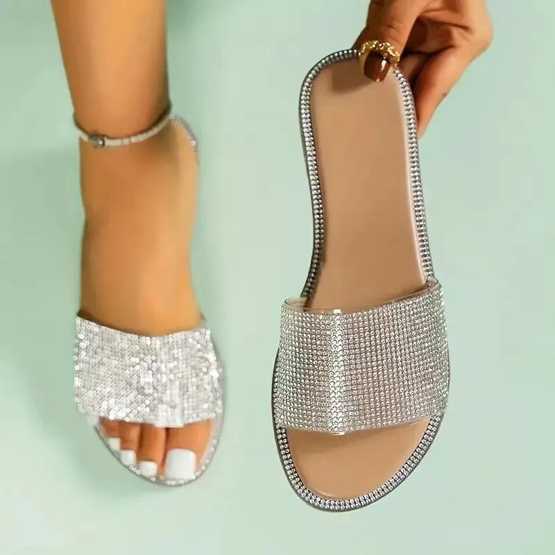 2024 New Shiny Rhinestone Fashion Ladies Slippers Outdoor Women Roman Shoes Flat Sandals Female Casual Beach Crystal Slides
