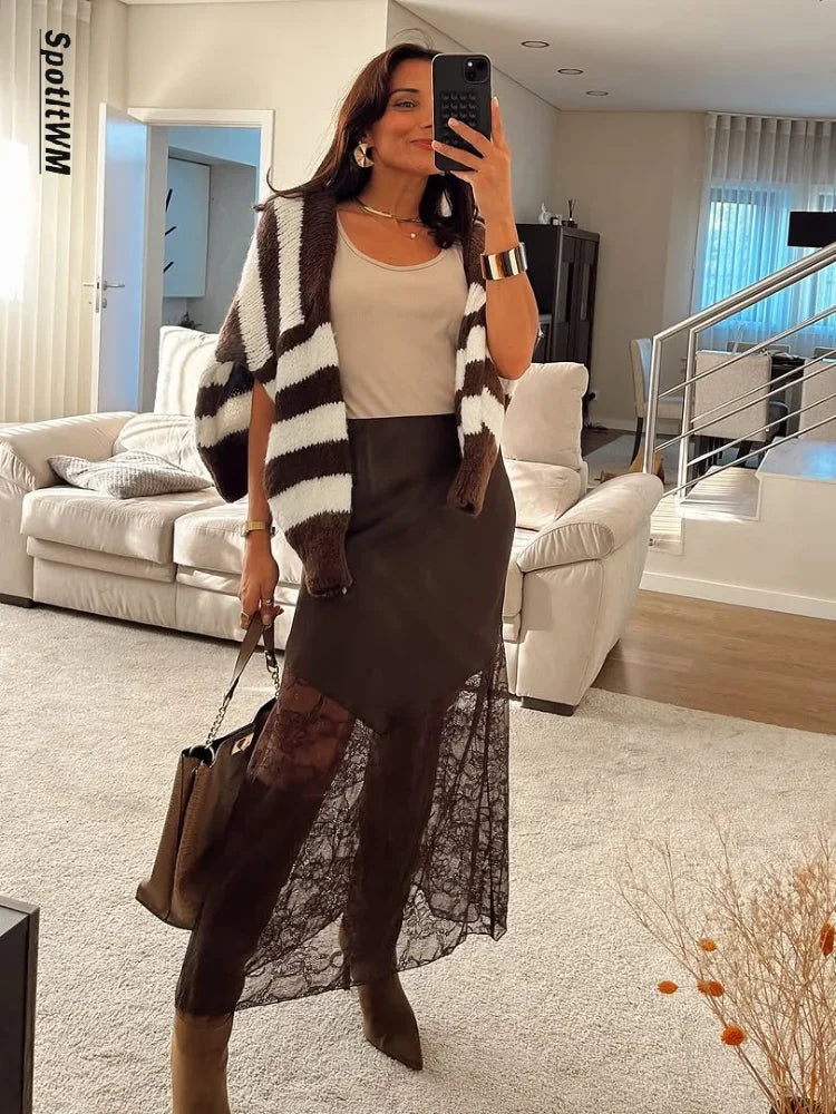 Black Lace Patchwork Mini Skirt Women Fashion Solid Sexy Mid-length Skirts Lady Elegant 2025 Party Daily Party Slim Fit Gowns