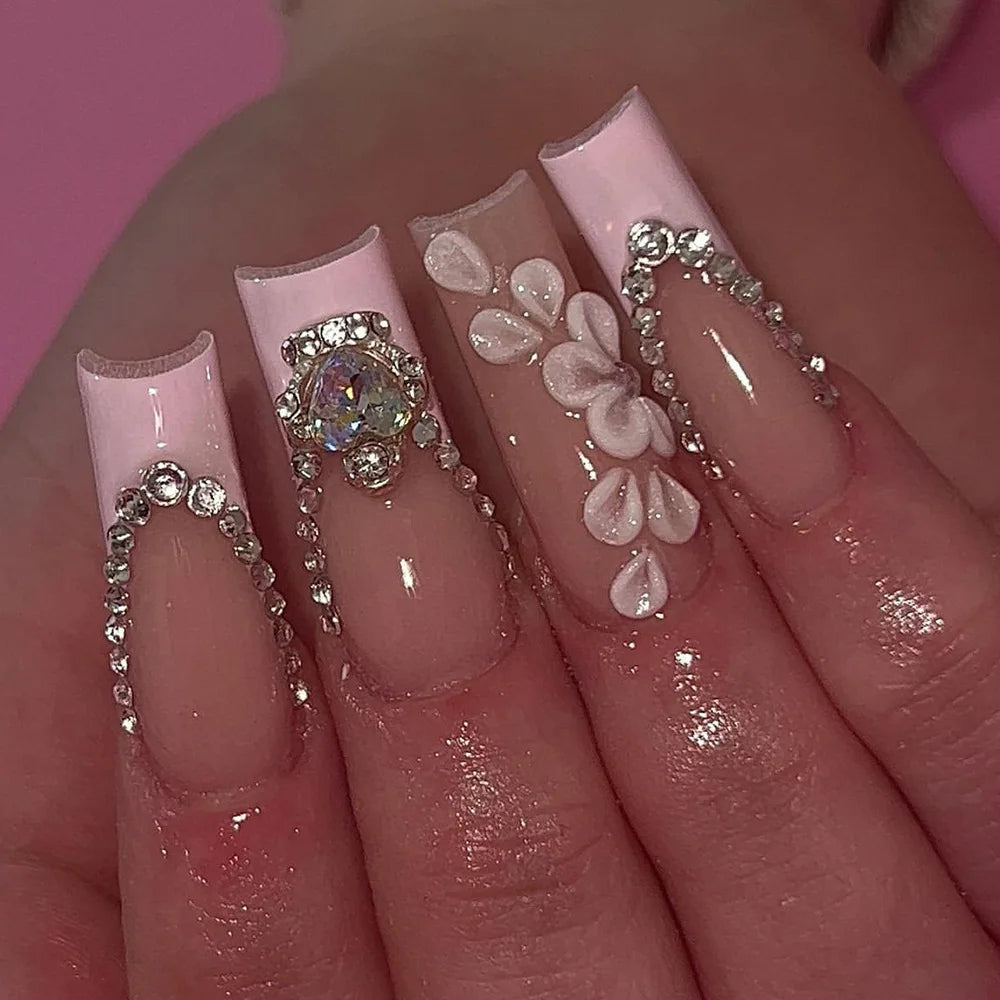 24pcs French Bow Press on Nails Extra Long Coffin Pink Sweet Nails Tips Love Pearl Diamond Fake Nail Square Ballet False Nail