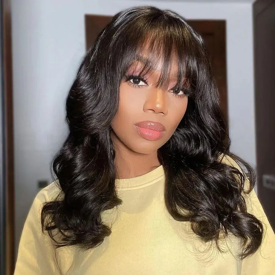16A Glueless Body Wave Wig With Bangs Black Women's Human Hair Wig Without Glue Fully Machine Made Wig With Bangs Body Wave Wig
