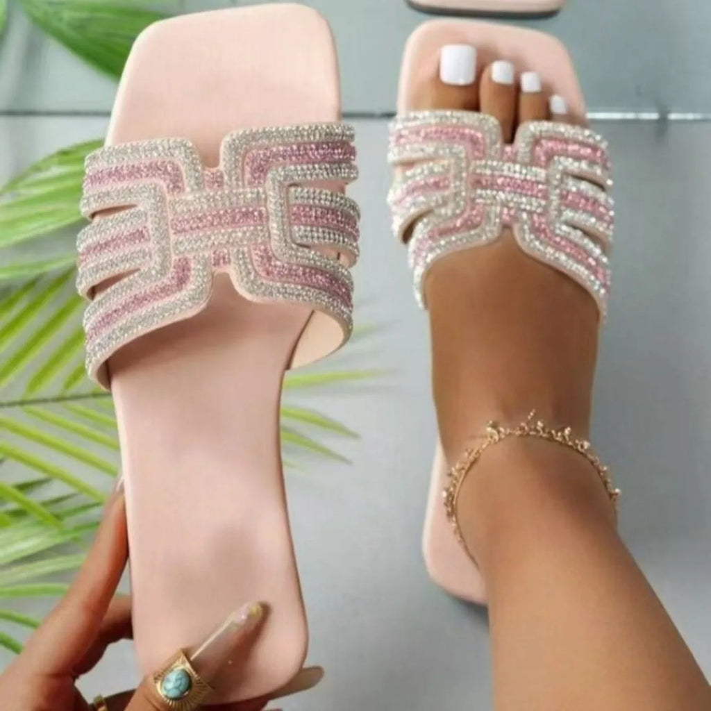 2025 Summer Women Rhinestone Slippers Outdoor Slippers Fashion Non-Slip Beach Shoes Comfortable Square Heel Sandals Slides Women