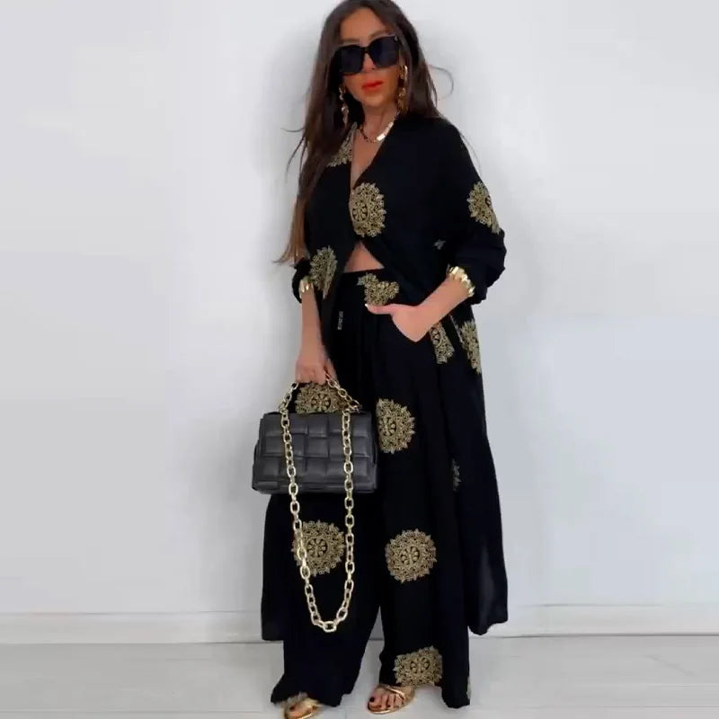 Eid Muslim Suits Women Print Blouses Wide Leg Pants Set Two Piece Musulman Ensemble Dubai Arabic Morocco Islam Casual Ramadan