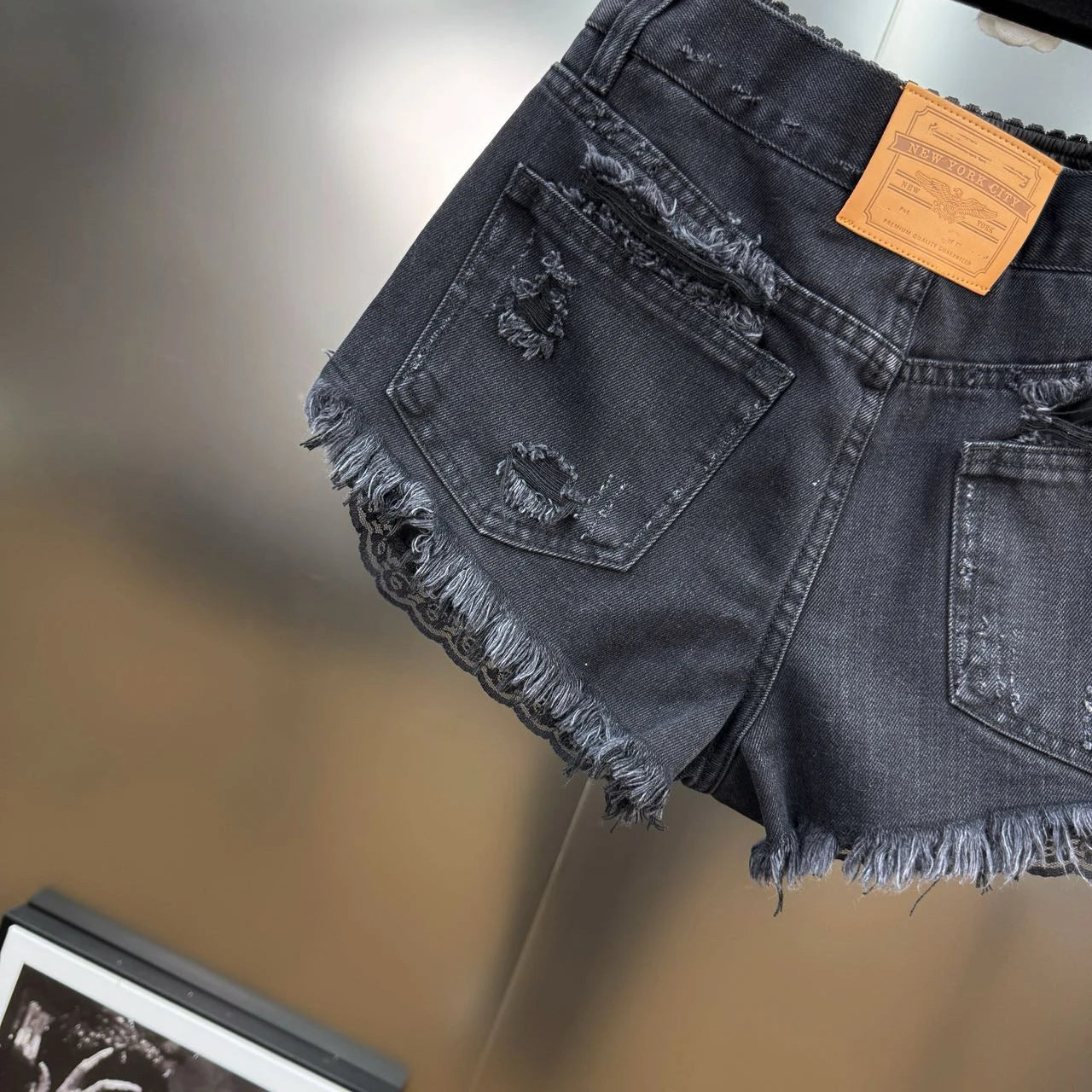Summer 2025 New French Retro Lace Splicing Ripped Rough Edge Fake Two-piece Denim Shorts Spice Girl Y2K High-waisted Slim Jeans