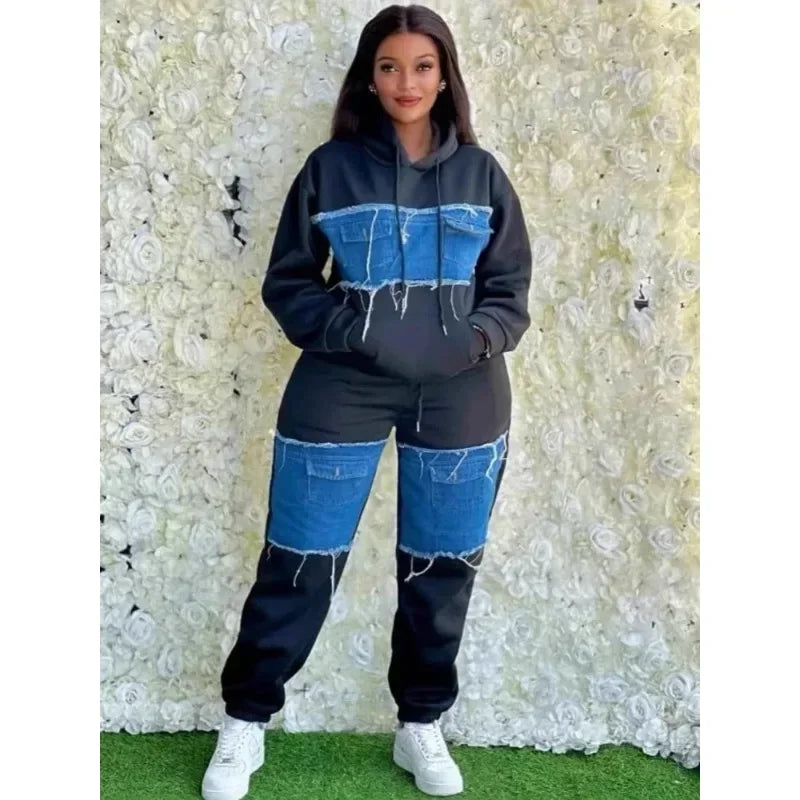 Pants Set Women Two Piece Sets Hooded Matching Sets Sweatshirts Long Pants High Waist Denim Splice Y2k Casual Jogger 2025