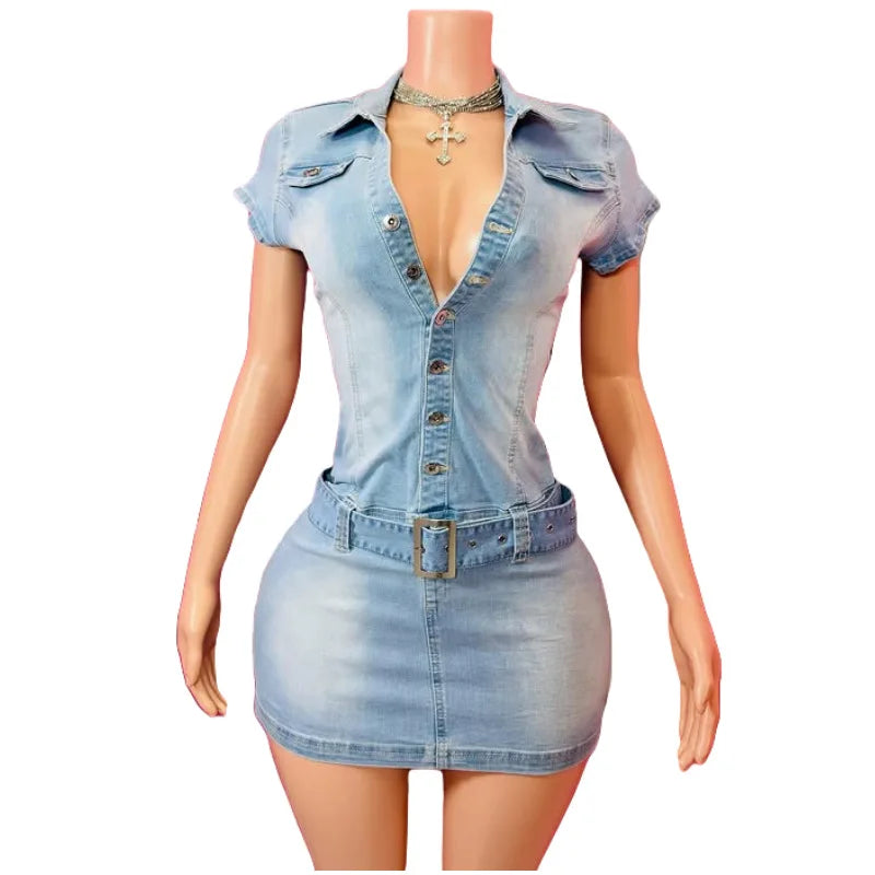 HLJ Fashion Denim Bodycon Mini Dresses Women V Neck Short Sleeve Slim Vestidos Summer New Cowboy Stretchy Streetwear Dress 2025