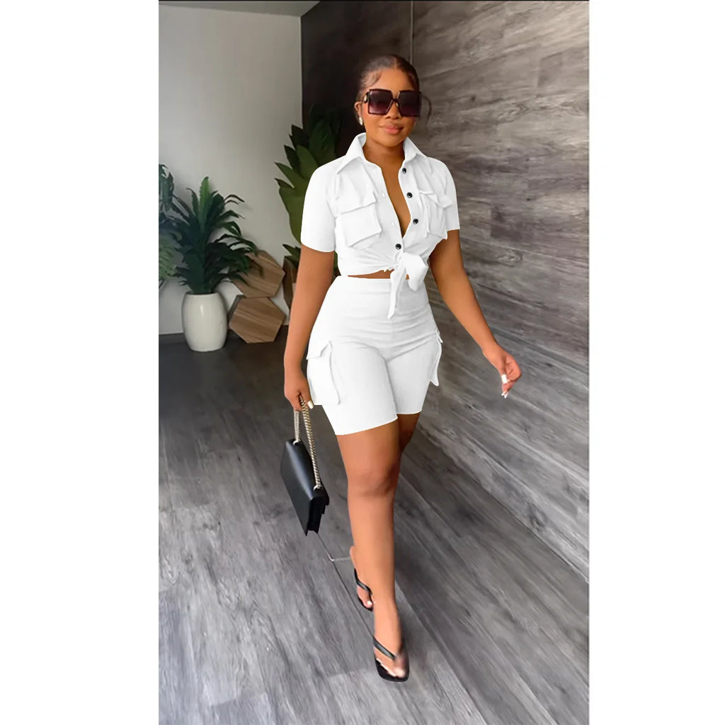 Women Shorts Two Piece Set Turn Down Collar Shirt Button Lace Up High Waist Short Sets Pockets Elegant Lady Streetwear Suit