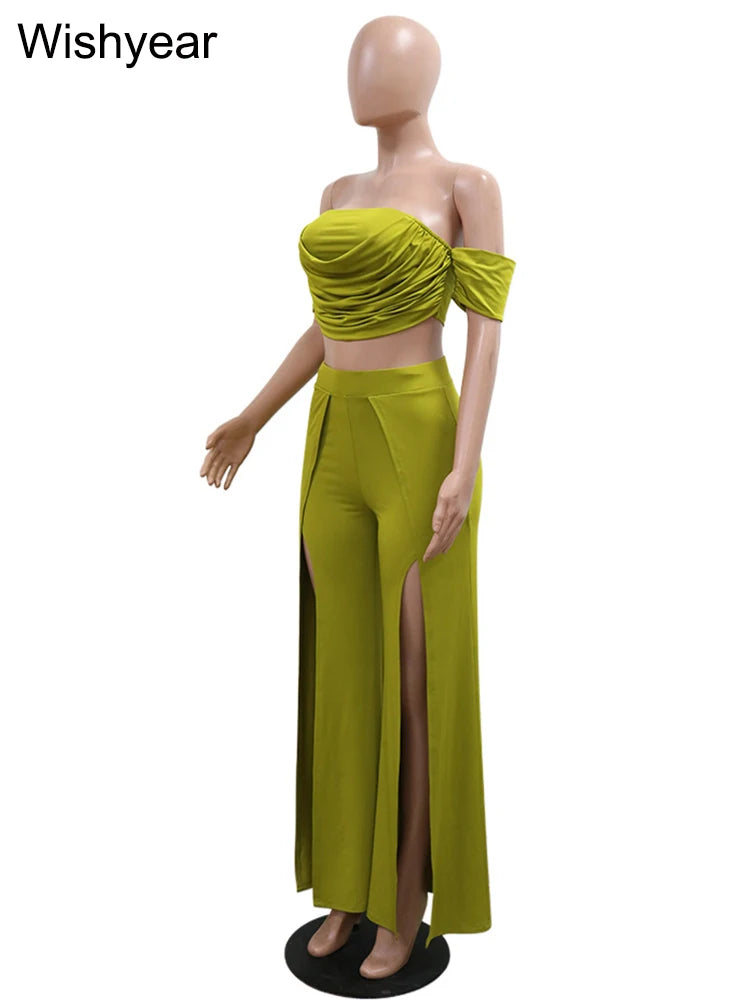 New Sexy Strapless Crop Tops and High Split Wide Leg Pants Green Two 2 Pieces Women Birthday Outfit Matching Set Night Clubwear