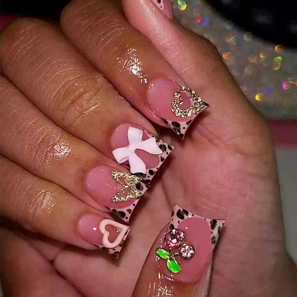 24pcs Short Square Leopard French Press On Nails y2k Nude Pink False Nails With 3D Cherry Crystal/Butterfly/Bow Charms Fake Nail