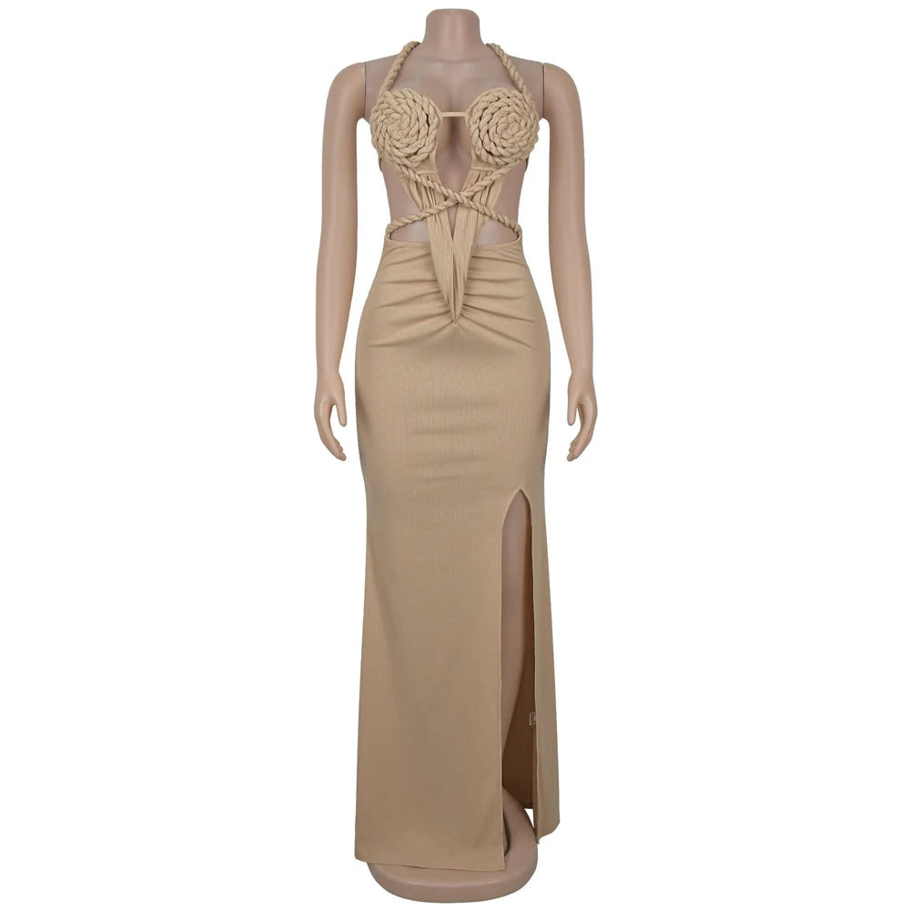Hemp Rope Halter Neck Stacked Ruched High Slit Knit Bodycon Knotted Maxi Dress for Women Summer 2025 Birthday Sexy Party Dresses
