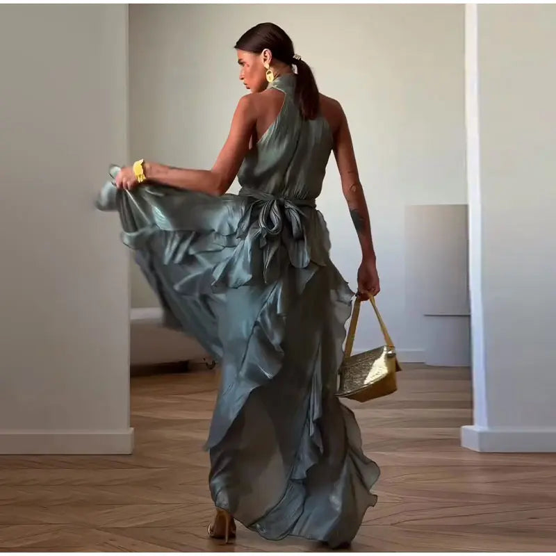 Fashion Halter Ruffle Long Dress Women Chiffon Sleeveless Ruffled Tiered Waist Cinching Party Dresses Lady Holiday Y2K Chic Robe