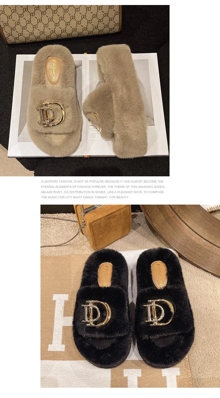 Autumn/Winter 2024 Women's letter metal buckle new fur slippers thick soled outerwear fashionable home new product slippers