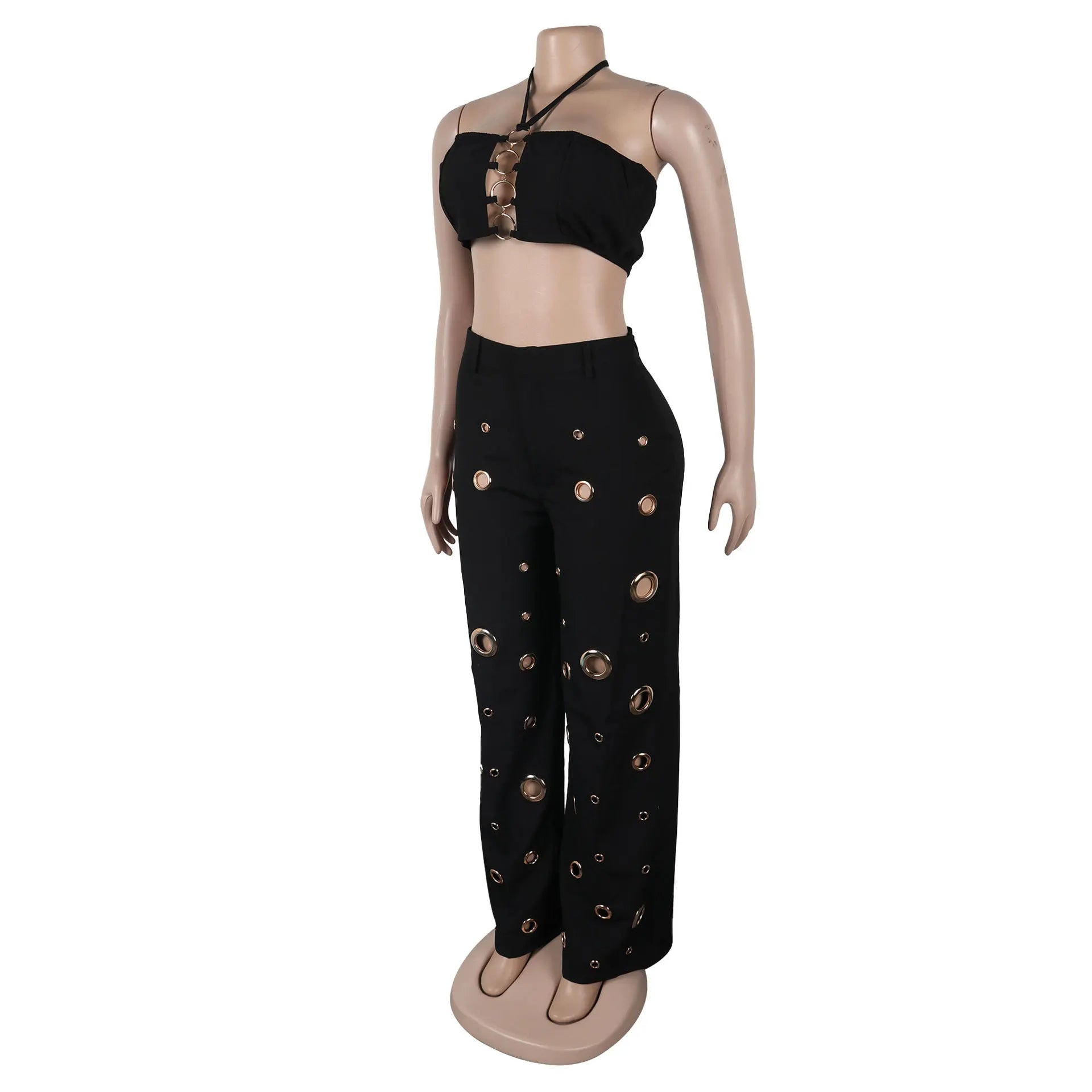 Metal Ring Hollow Out Two Piece Set Women Sexy Strapless Lace Up Halter Backless Crop Tops + Wide Leg Pants Casual Street Suits